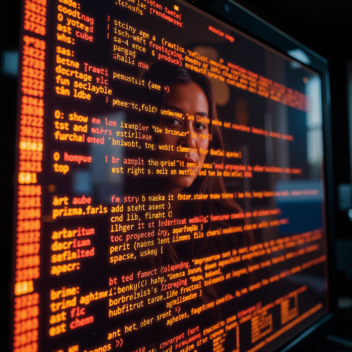 三十岁左右女性工程师头像,穿粉色衬衫,背景为办公桌,电脑屏幕显示代码